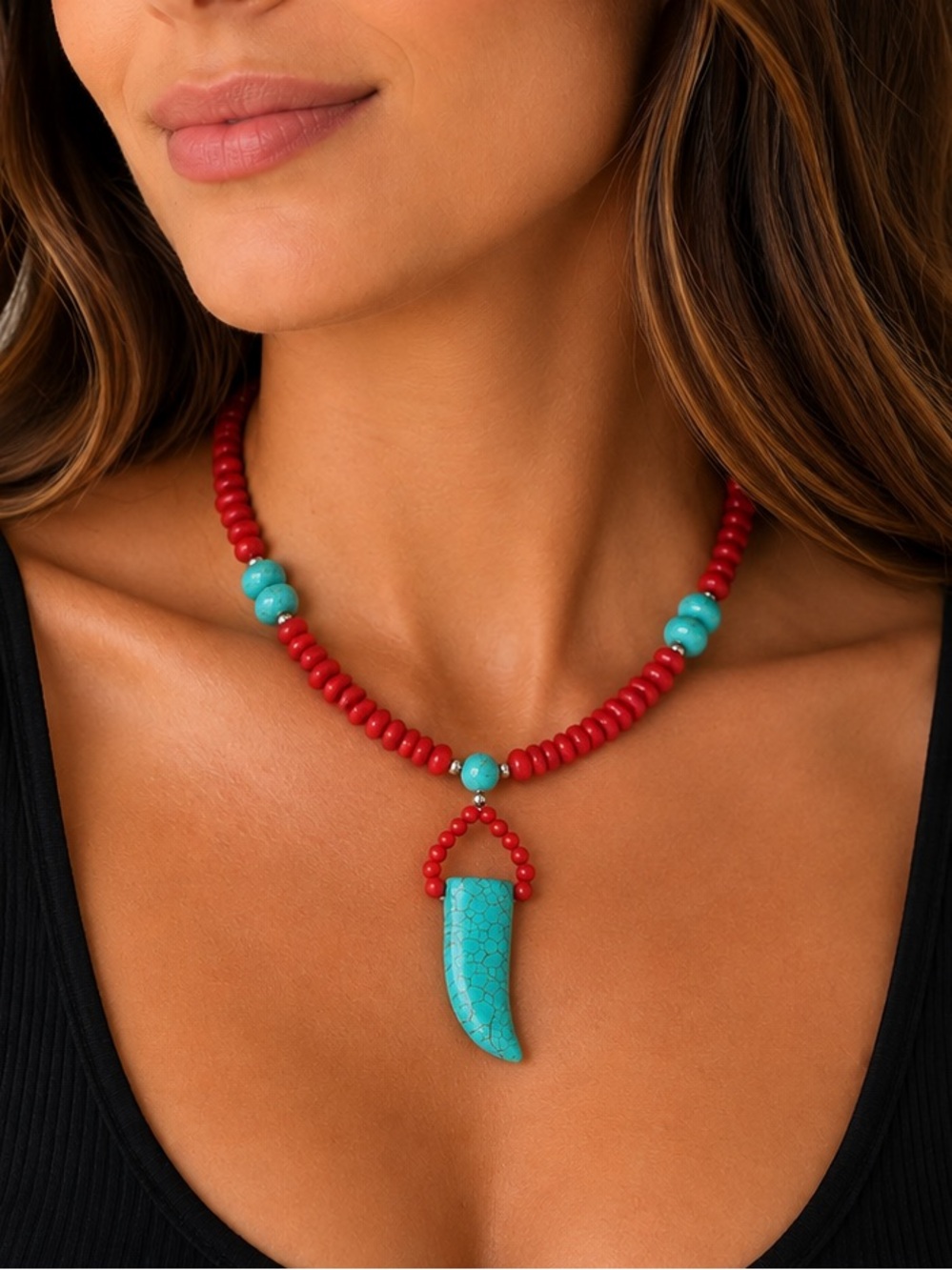 Turquoise & Red Beaded Statement Necklace